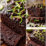 Fudgy vegan double chocolate zucchini bread topped with chocolate chips and fresh zucchini shavings.